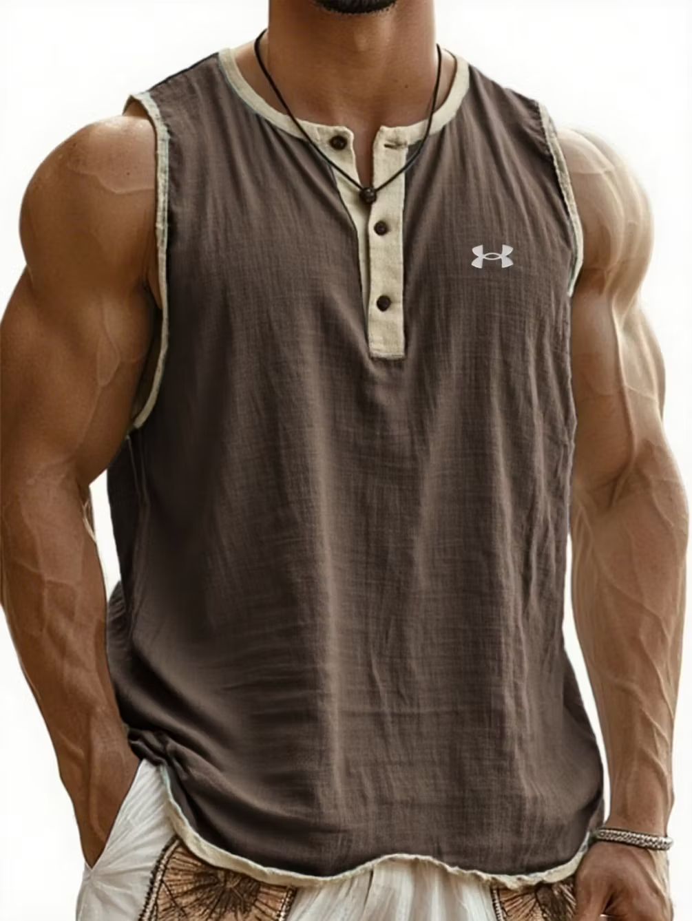 Men's Cotton Linen Henley Sleeveless Tank Top