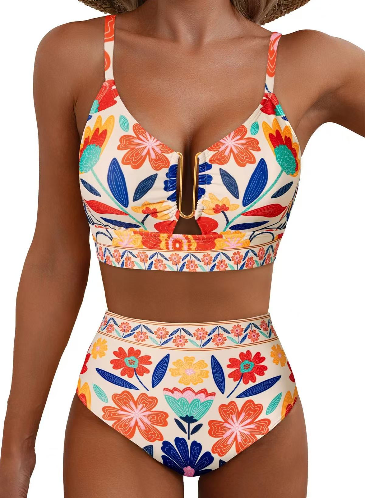 Women's Sheer Swimsuit — Ruched Deep V-Neck, Two-Piece Black High-Waisted Beachwear with Cutouts