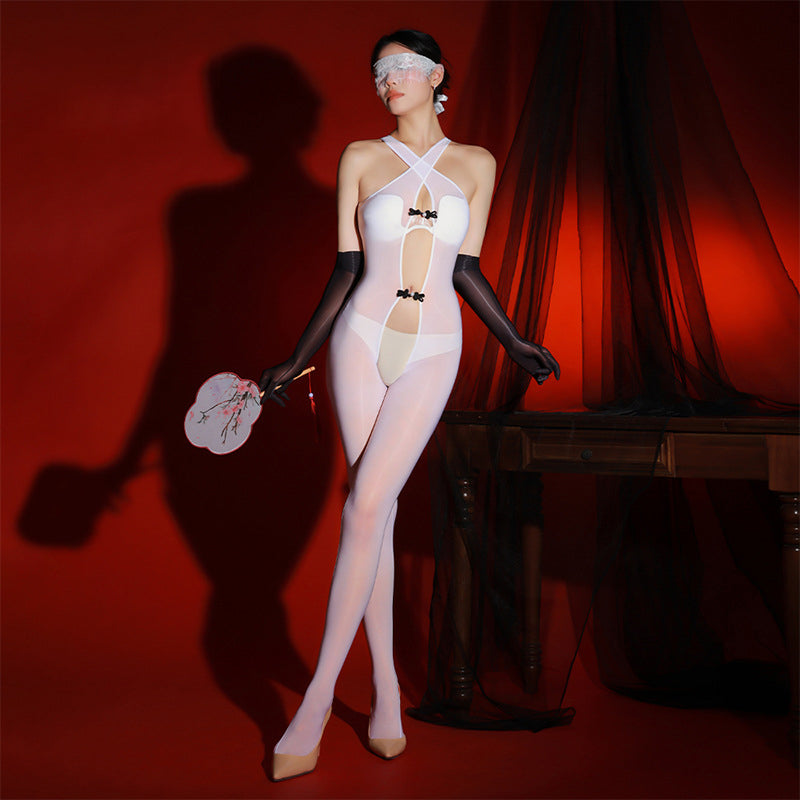 Oiled cross-open one-piece stockings