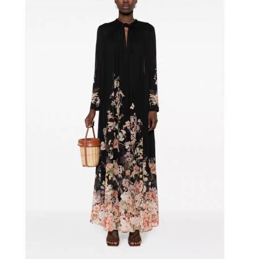 Zimmerma** Pink Small Flower Print Lotus Leaf Long Sleeve Flowing Silk Black Dress Long Skirt