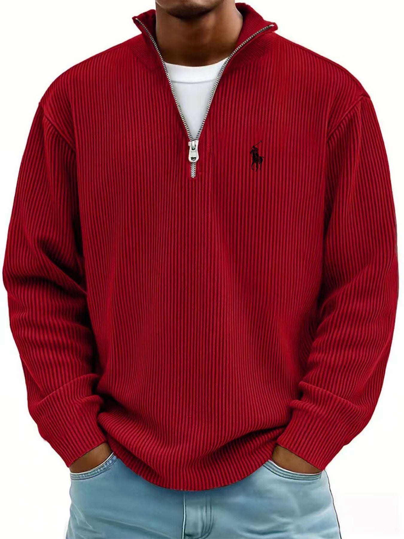 Men's Simple Casual Ribbed Stand Collar Zipper Long Sleeve T-shirt
