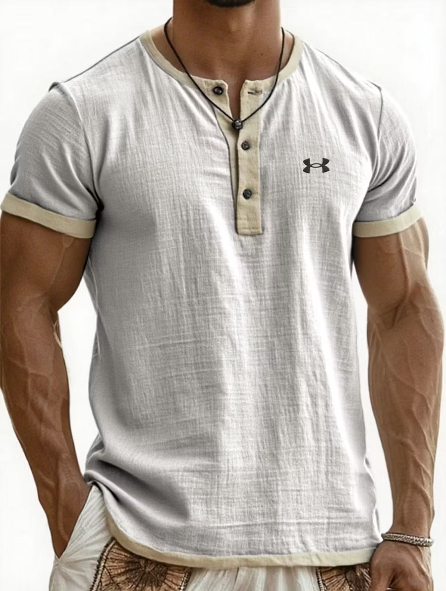 Men's Cotton Linen Casual Henley T-Shirt