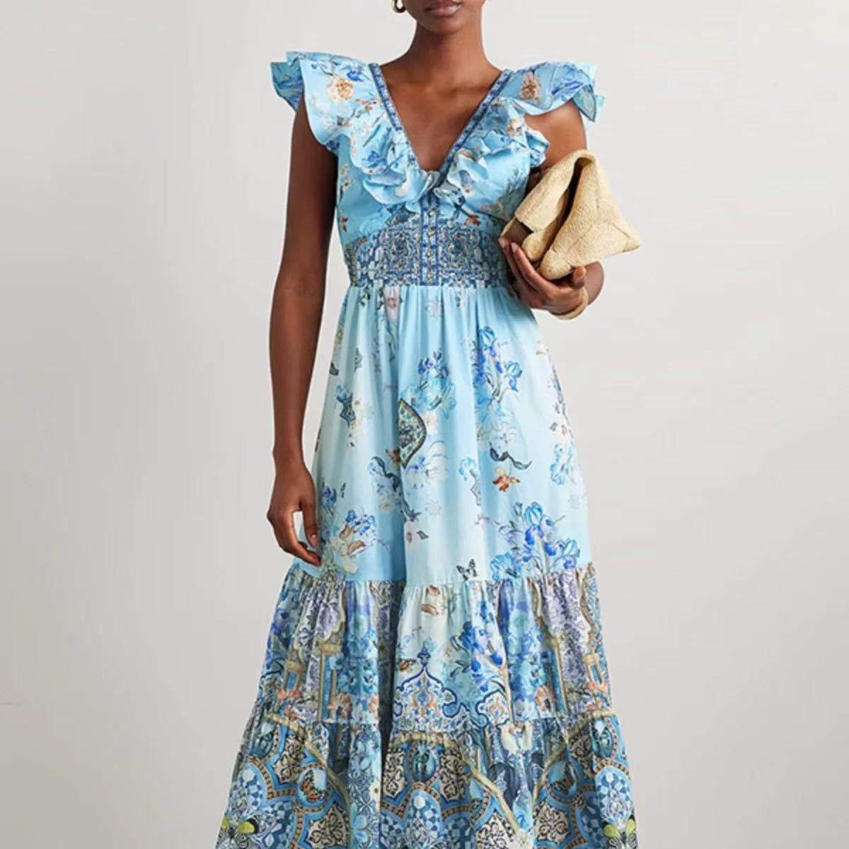 CAMILLA* Double V-neck lotus sleeve waist print skirt