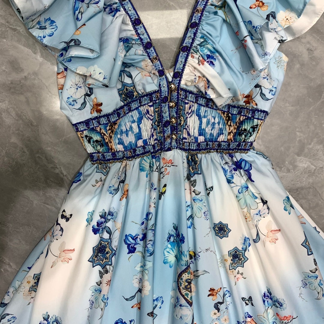 CAMILLA* Double V-neck lotus sleeve waist print skirt