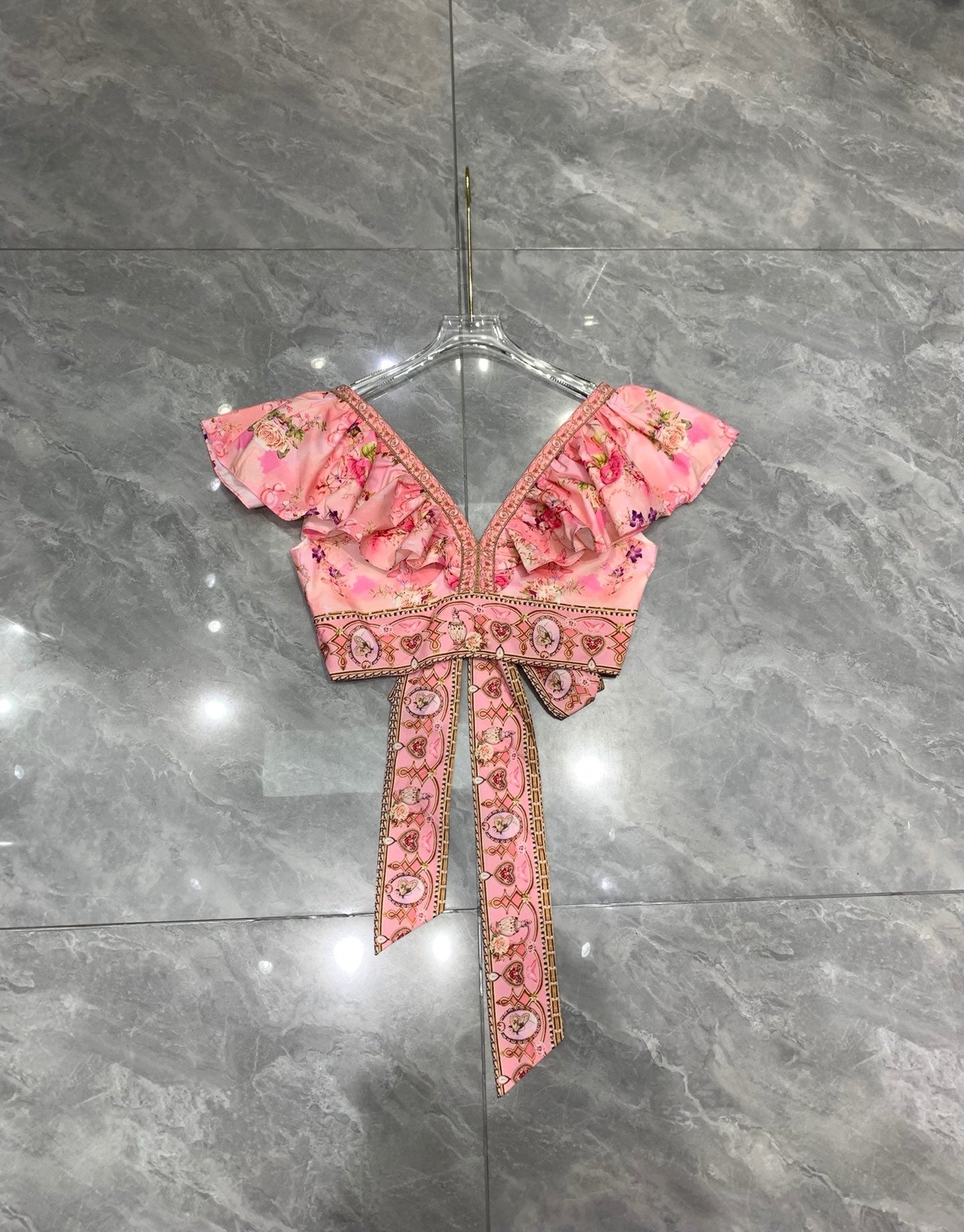 CAMILLA  Double V-neck ruffled back lace-up top + skirt set