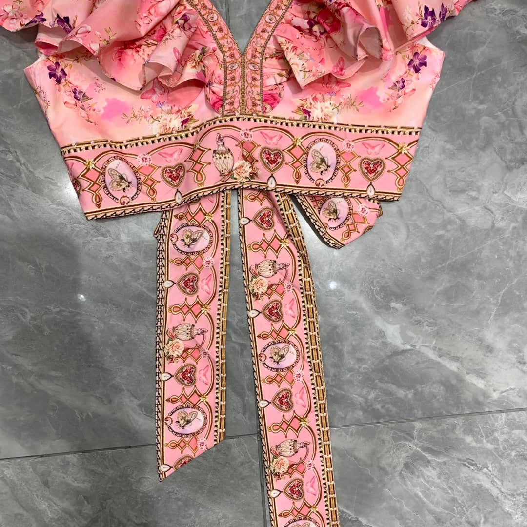 CAMILLA  Double V-neck ruffled back lace-up top + skirt set