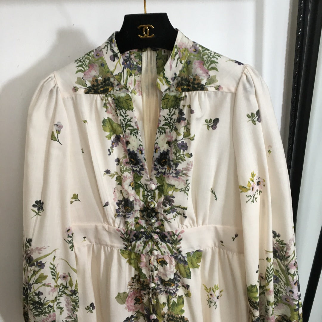 ZIMMERM* Flower Print V-Neck Waist Long Dress