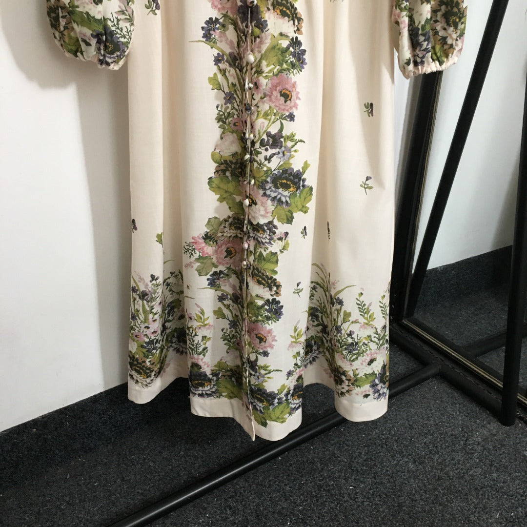 ZIMMERM* Flower Print V-Neck Waist Long Dress