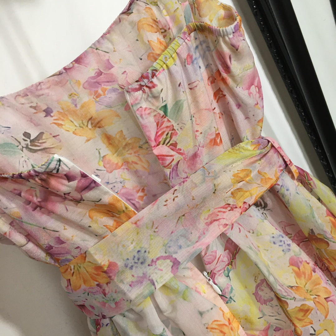 ZIMMERM*Pastoral style flower tie waist suspender dress