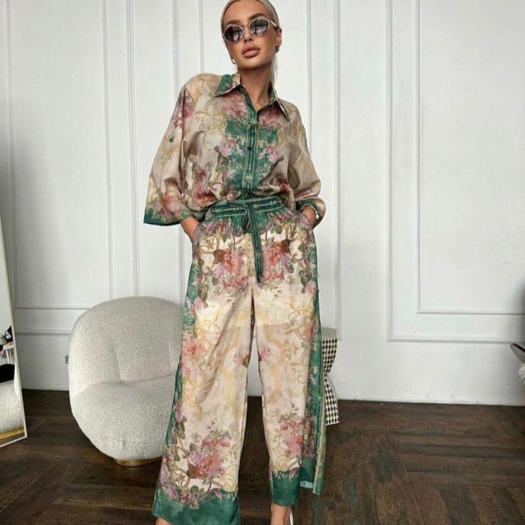 ZIM* Flower Print Short Sleeve Shirt + Drawstring High Waist Wide Leg Pants