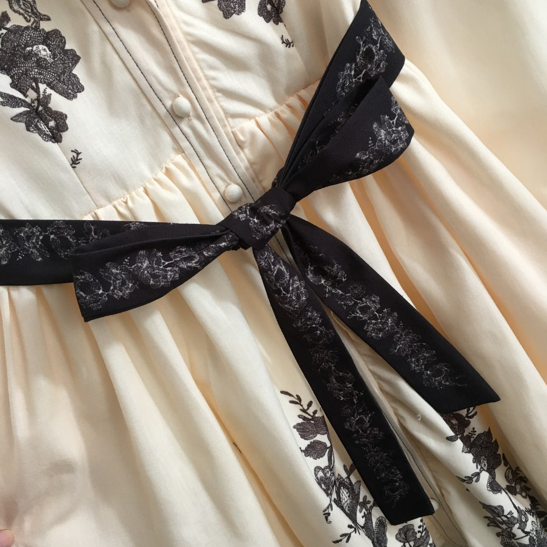 ZIM* Retro Flower Lace-up Waist Lapel Long Sleeve Dress