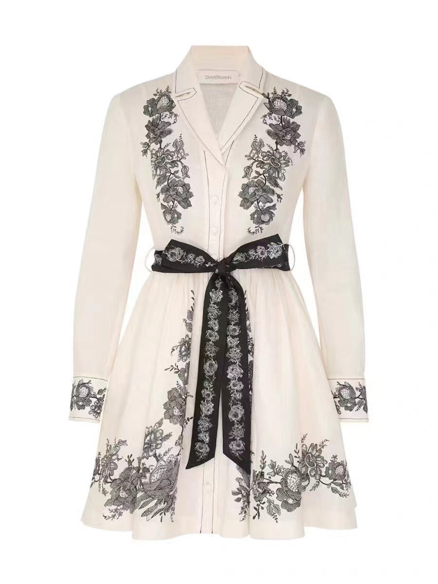 ZIM* Retro Flower Lace-up Waist Lapel Long Sleeve Dress