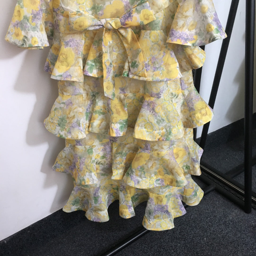 ZIM* Floral Print Tie-Waist Flared Long Sleeve Cake Dress