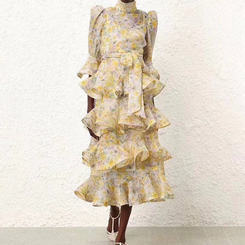 ZIM* Floral Print Tie-Waist Flared Long Sleeve Cake Dress