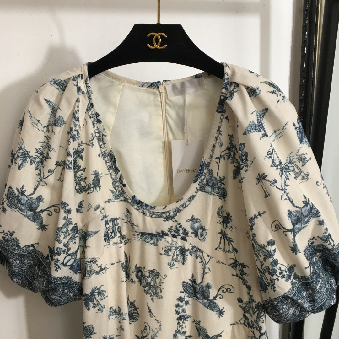 ZIM* Printed U-neck puff short-sleeved dress