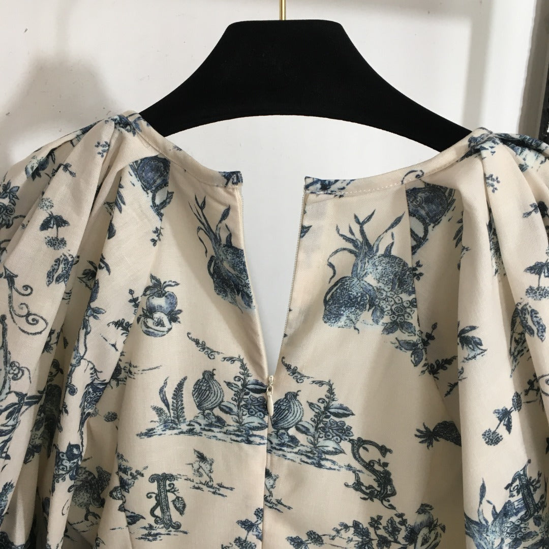 ZIM* Printed U-neck puff short-sleeved dress