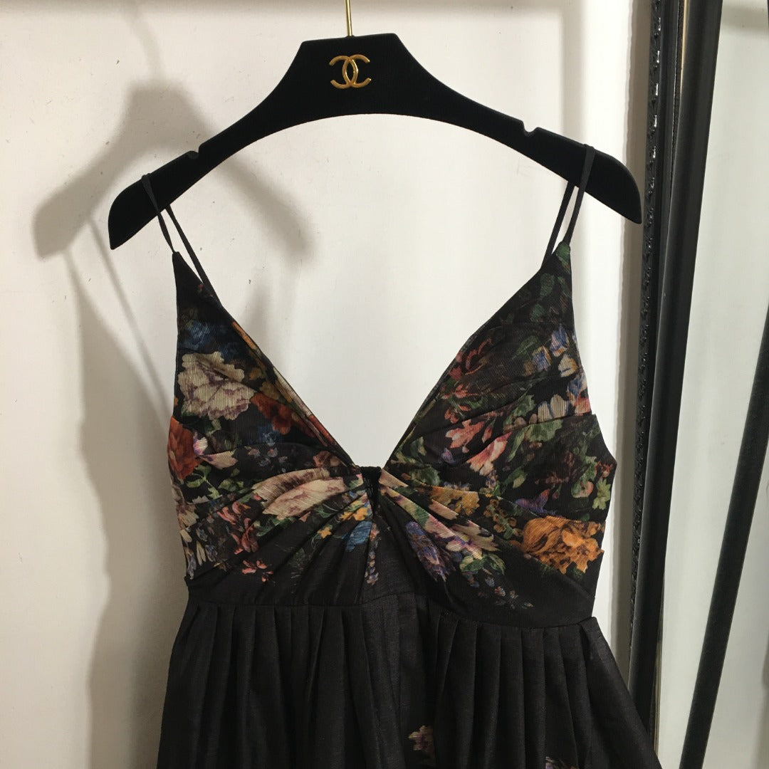 ZIM* Colorful Flower Print V-Neck Chain Dress