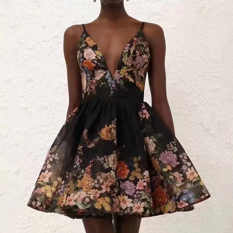 ZIM* Colorful Flower Print V-Neck Chain Dress