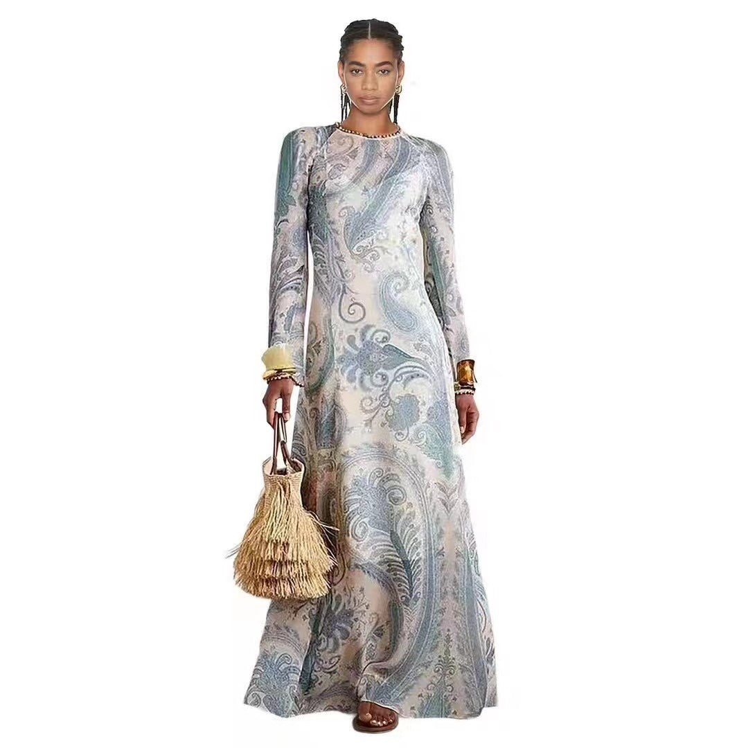 ZIM*Round neck tie waist long sleeve dress