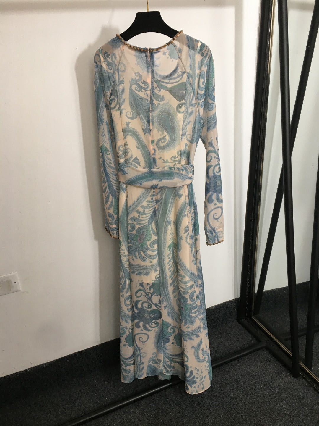 ZIM*Round neck tie waist long sleeve dress