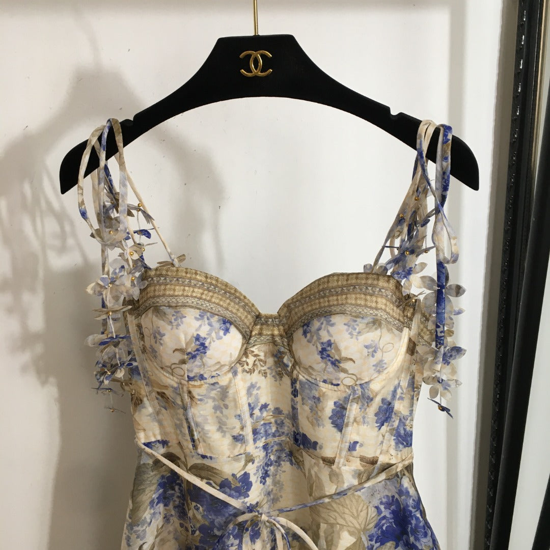 ZIM* Flower Print 3D Butterfly Petal Lace-Up Tube Dress