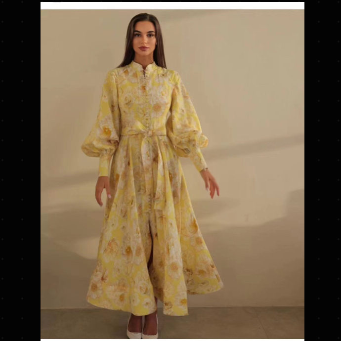 Zimmermann's newest floral print tie waist lantern long sleeve dress long skirt with suspender lining, yellow