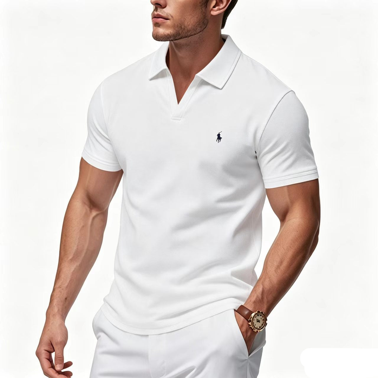 Men's V-Neck Waffle-Knit Short-Sleeve Polo Shirt