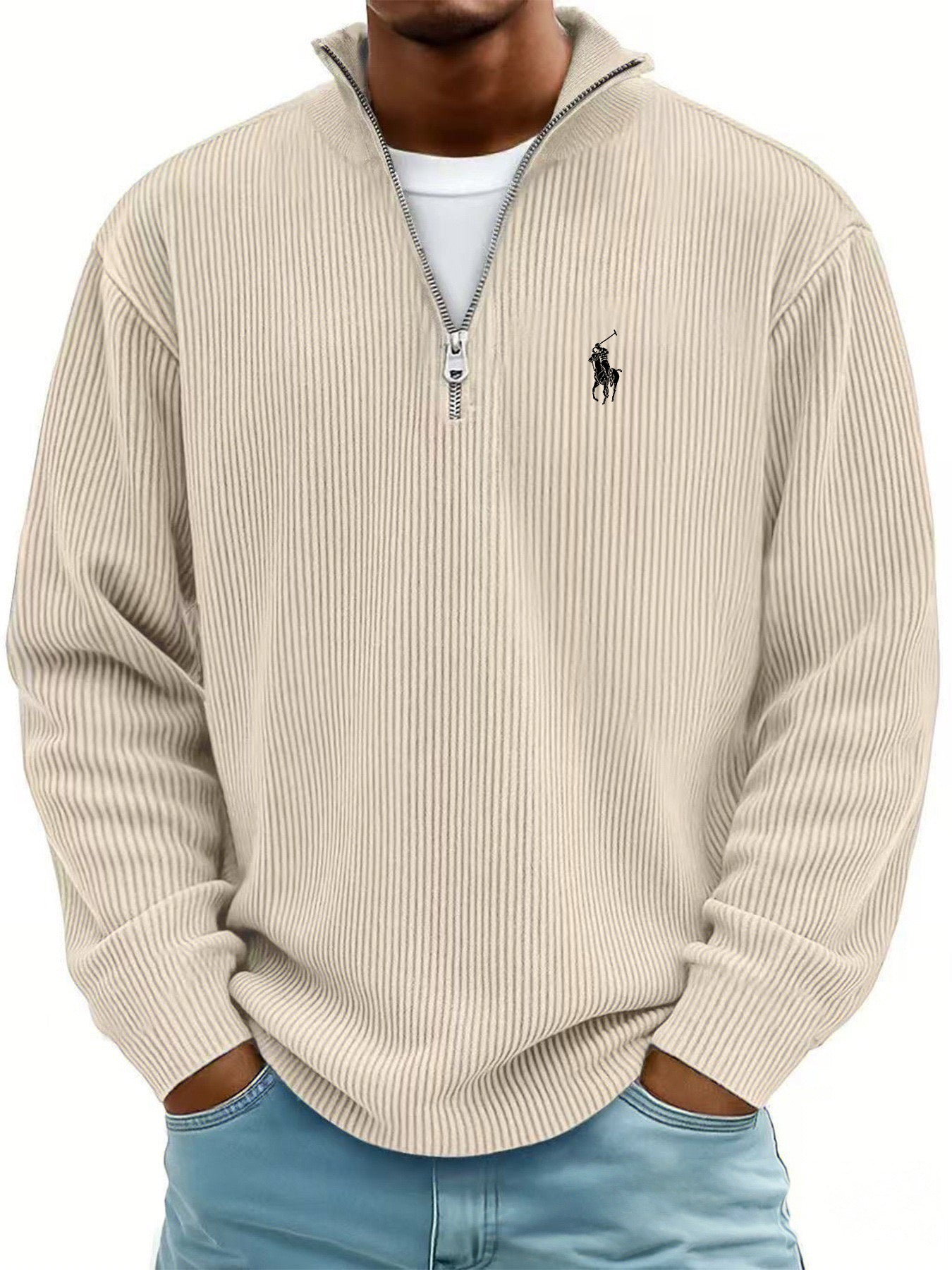 Men's Simple Casual Ribbed Stand Collar Zipper Long Sleeve T-shirt