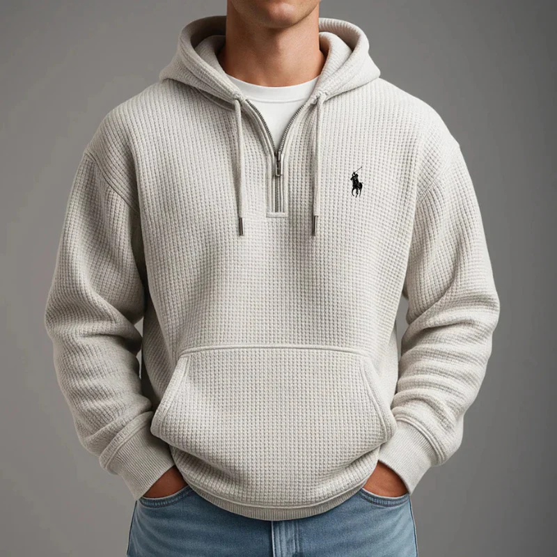 Men's Casual Solid Waffle Zipper Long Sleeve Hooded Sweatshirt