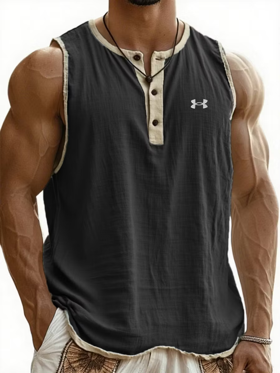 Men's Cotton Linen Henley Sleeveless Tank Top