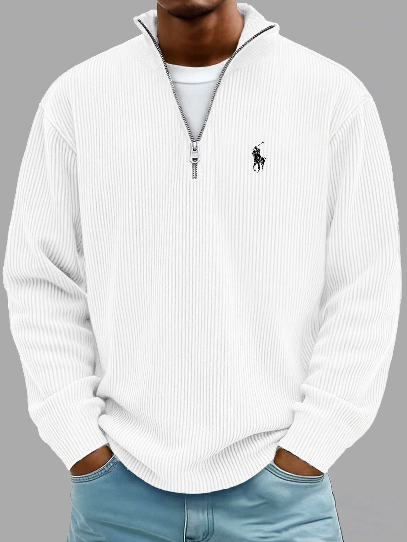 Men's Simple Casual Ribbed Stand Collar Zipper Long Sleeve T-shirt