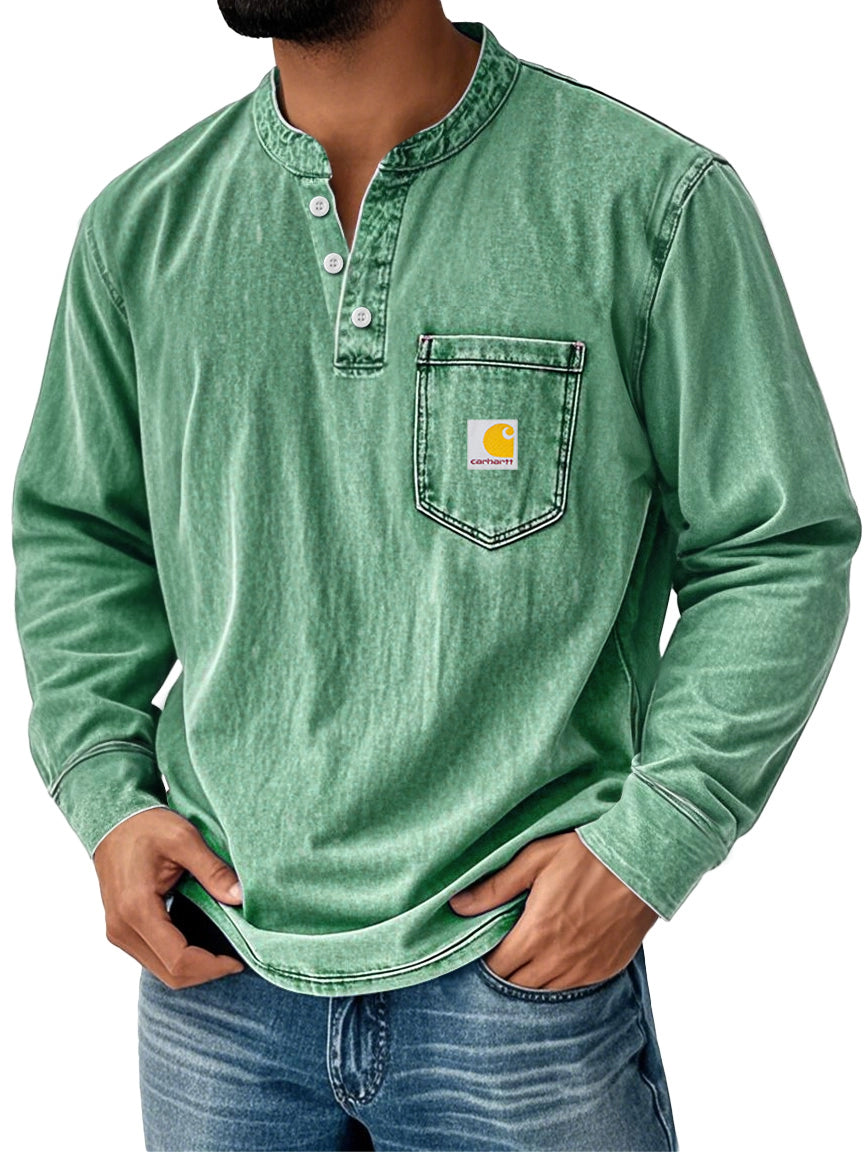Men's Retro Stand Collar Pocket Casual Distressed Long Sleeve Henley Shirt