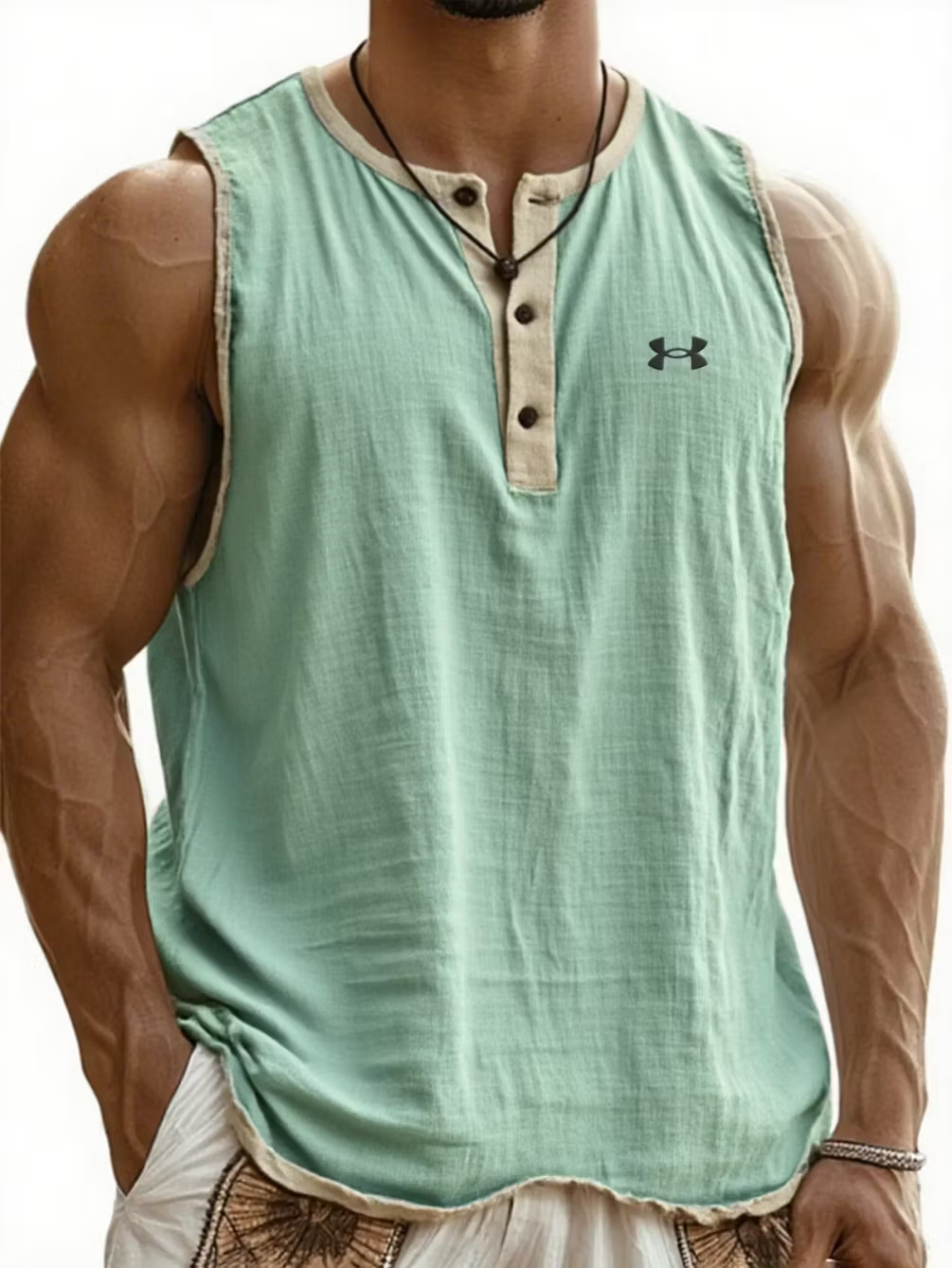 Men's Cotton Linen Henley Sleeveless Tank Top
