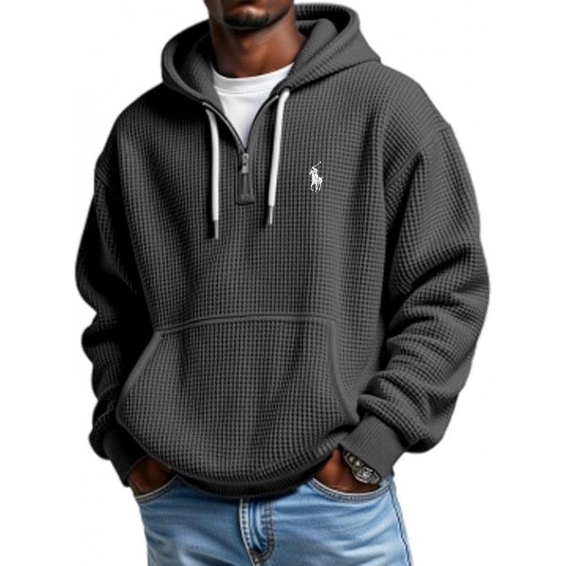 Men's Casual Solid Waffle Zipper Long Sleeve Hooded Sweatshirt