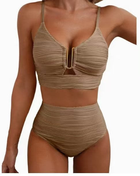 Women's Sheer Swimsuit — Ruched Deep V-Neck, Two-Piece Black High-Waisted Beachwear with Cutouts