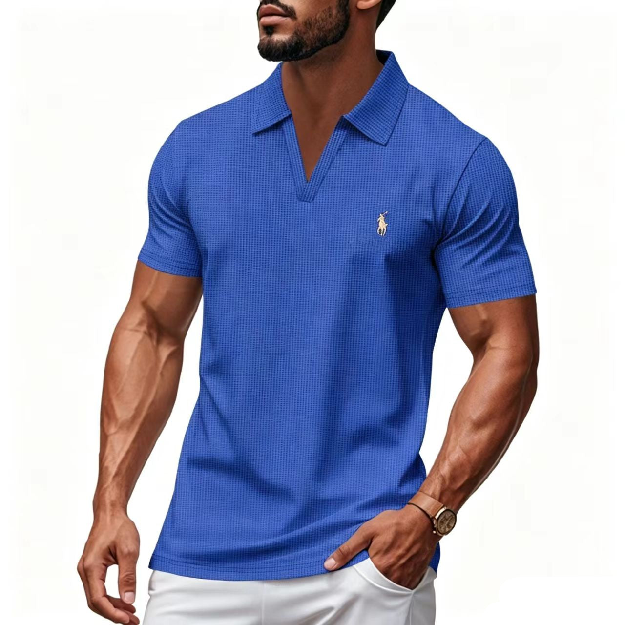 Men's V-Neck Waffle-Knit Short-Sleeve Polo Shirt
