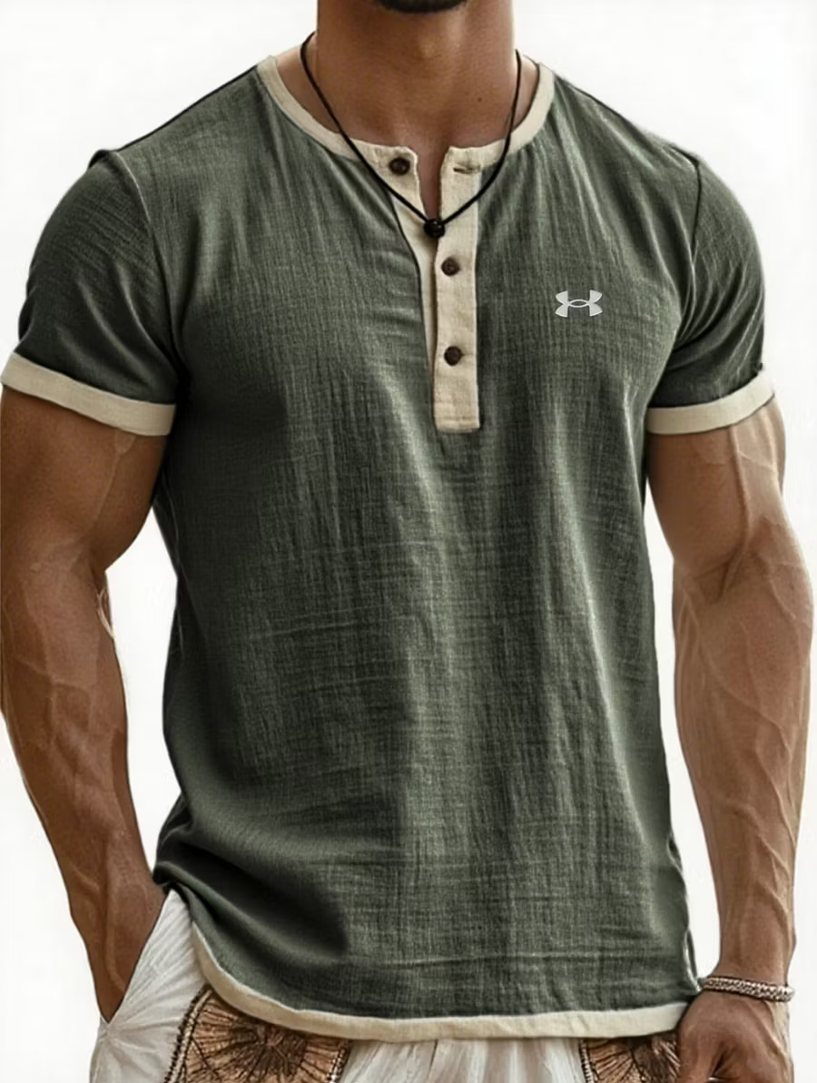 Men's Cotton Linen Casual Henley T-Shirt
