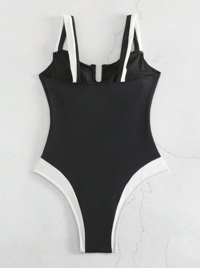 Womens Bathing Suit Tummy Control High Waisted One Piece Swimsuits Square Neck Straps Color Block Swimwear 2026