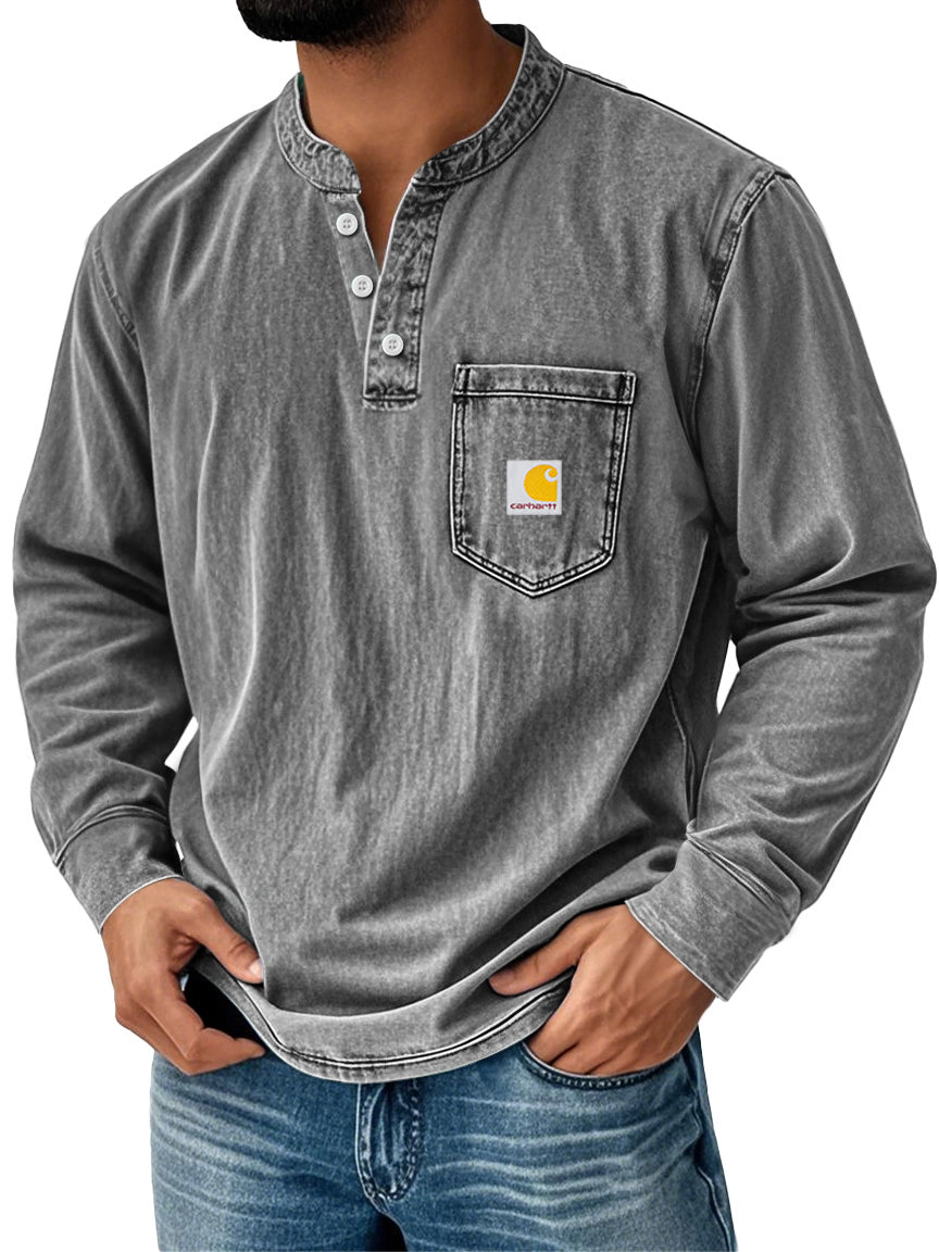 Men's Retro Stand Collar Pocket Casual Distressed Long Sleeve Henley Shirt