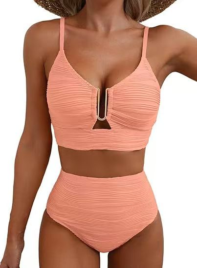 Women's Sheer Swimsuit — Ruched Deep V-Neck, Two-Piece Black High-Waisted Beachwear with Cutouts