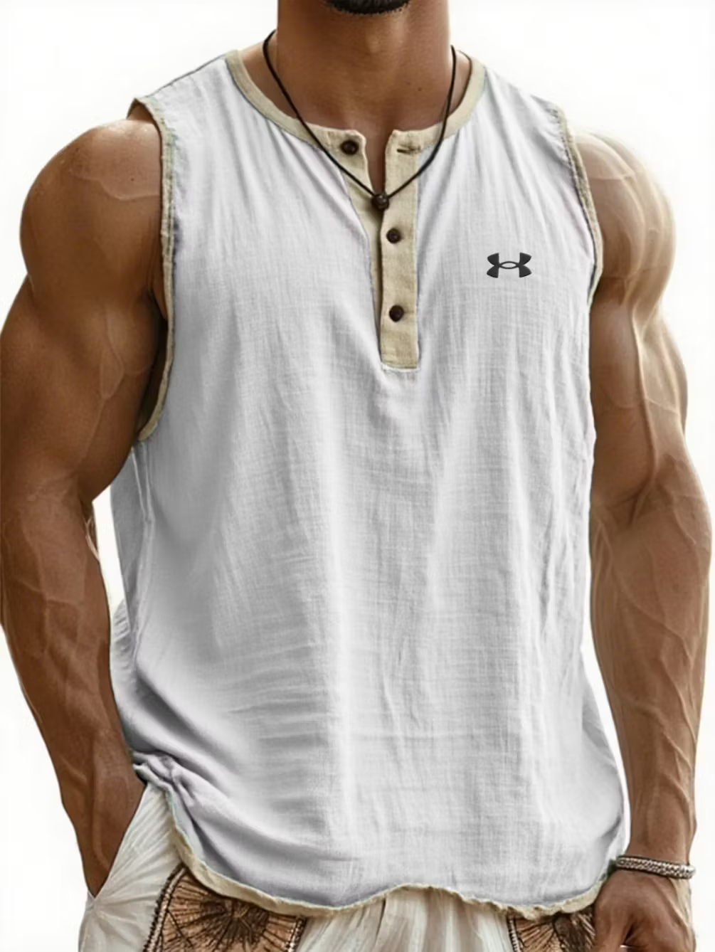 Men's Cotton Linen Henley Sleeveless Tank Top
