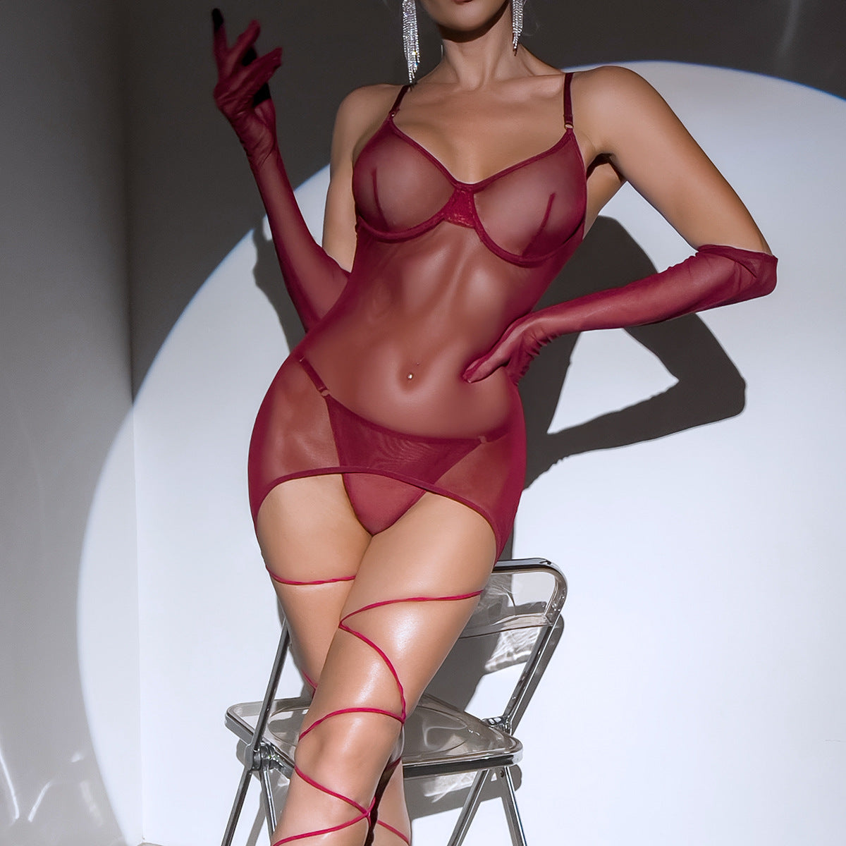 Mesh Backless Tie-Down Pajamas