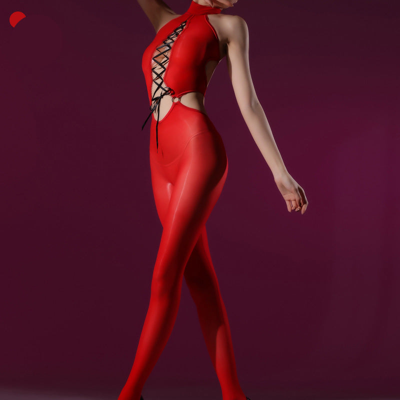 Shiny cross-strap one-piece stockings