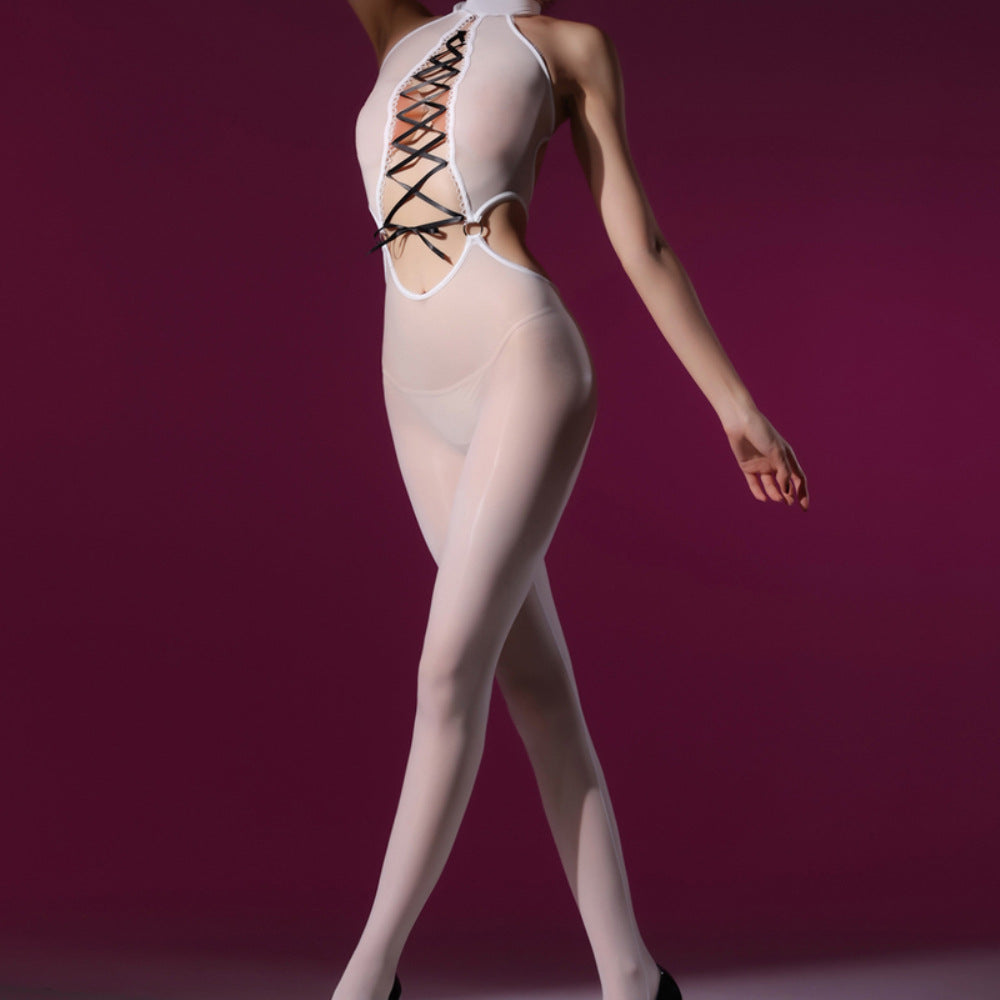 Shiny cross-strap one-piece stockings