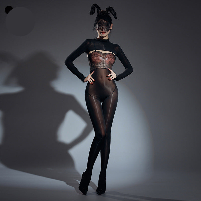 Shawl lace suspender shiny jumpsuit