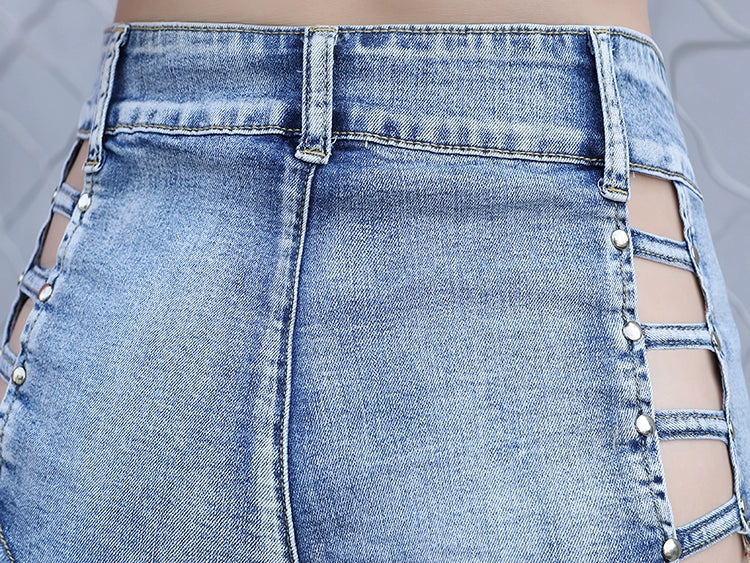 Stretch hollow design high waist denim shorts women