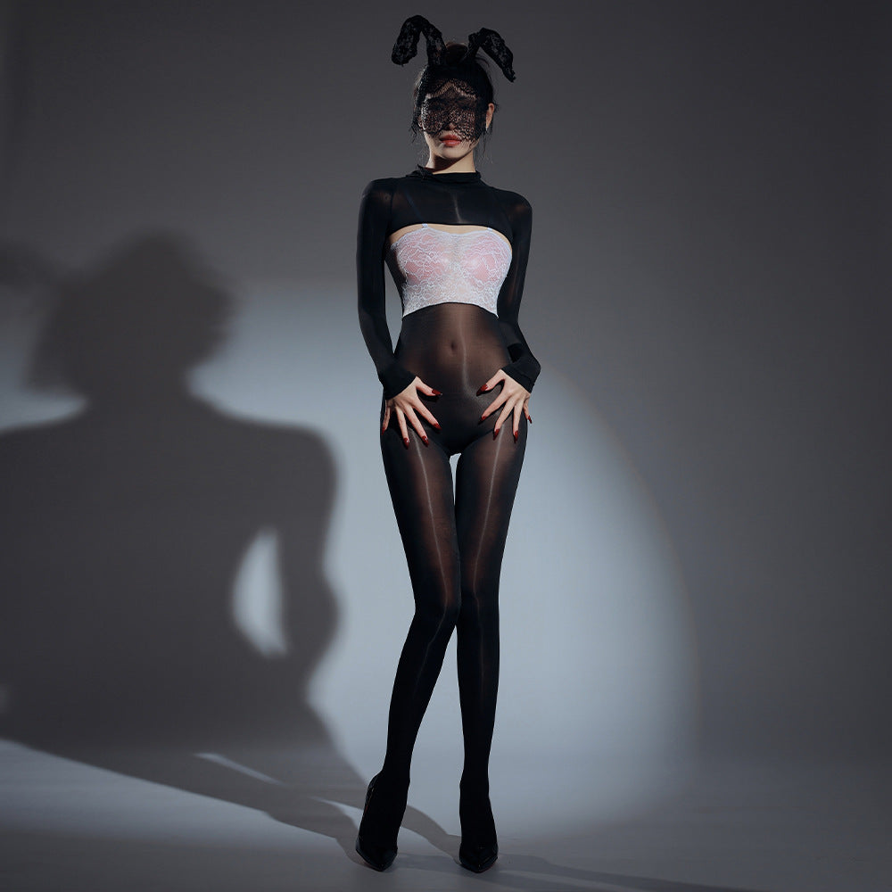 Shawl lace suspender shiny jumpsuit