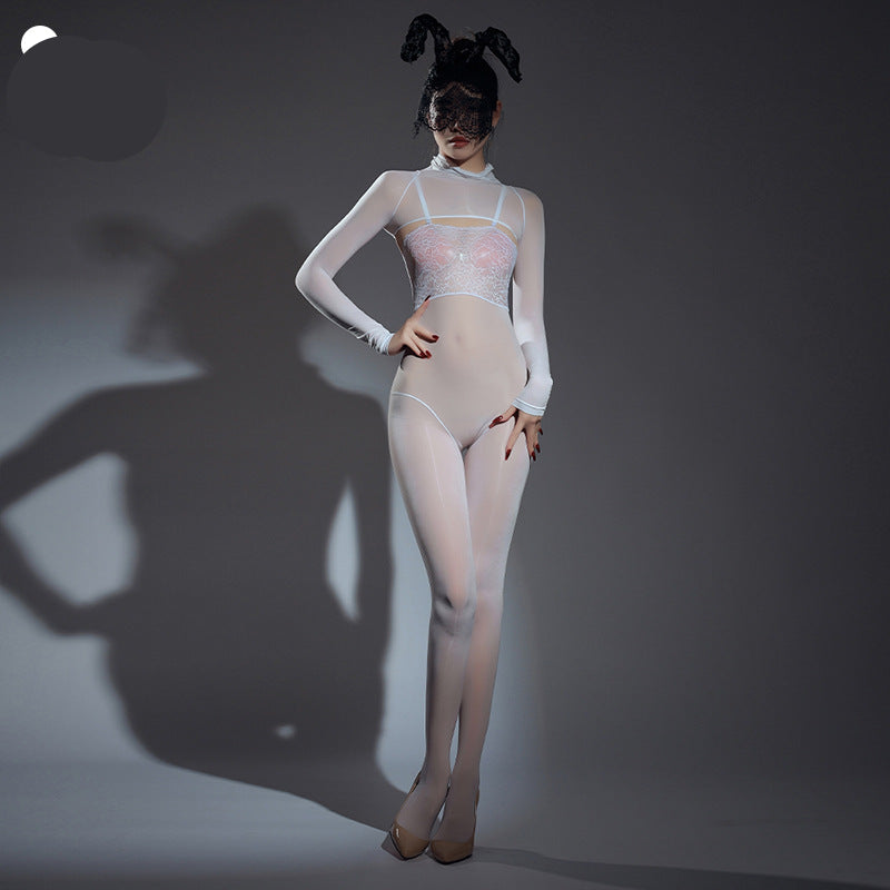 Shawl lace suspender shiny jumpsuit