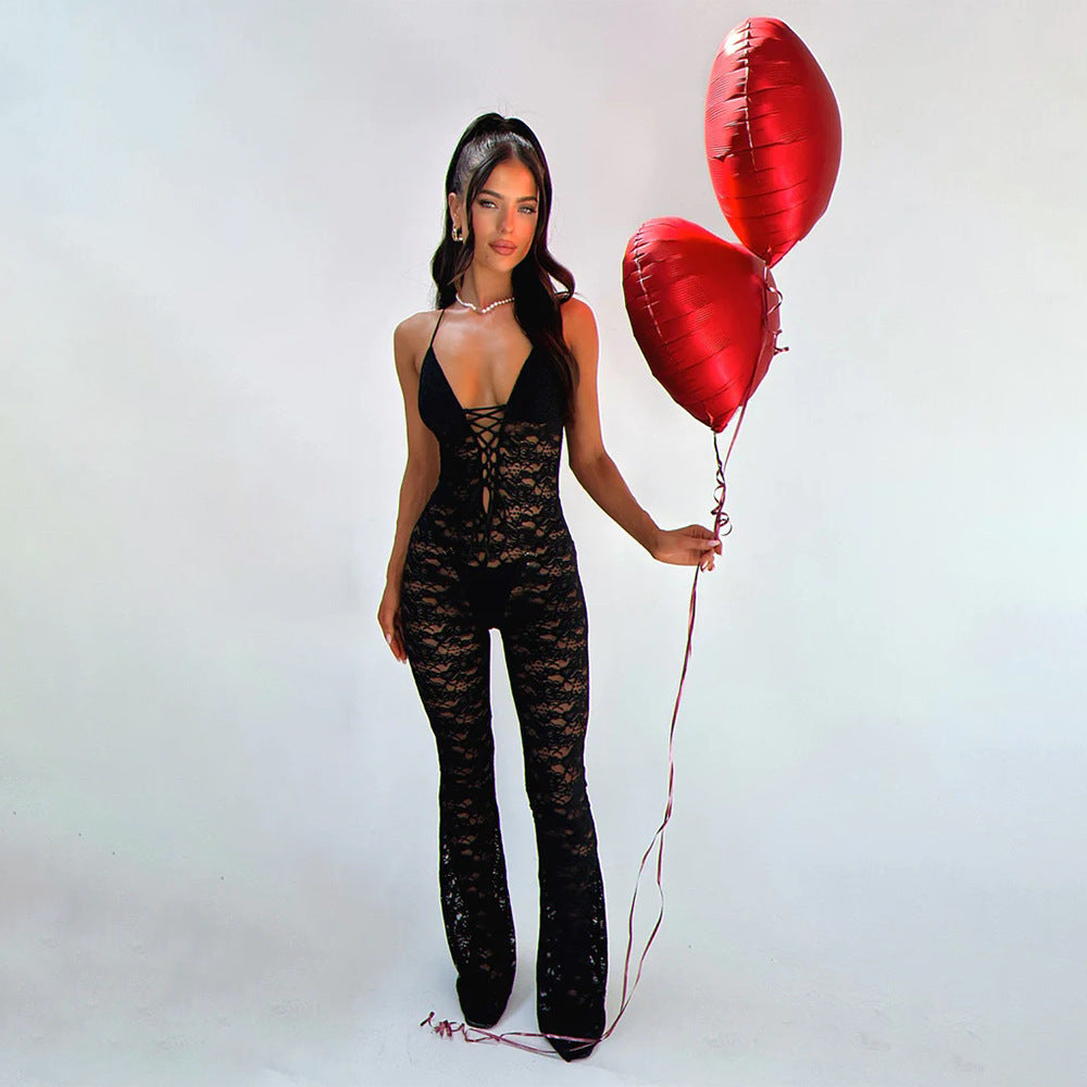 Lace Backless Hanging Neck Slimming One-piece Pants