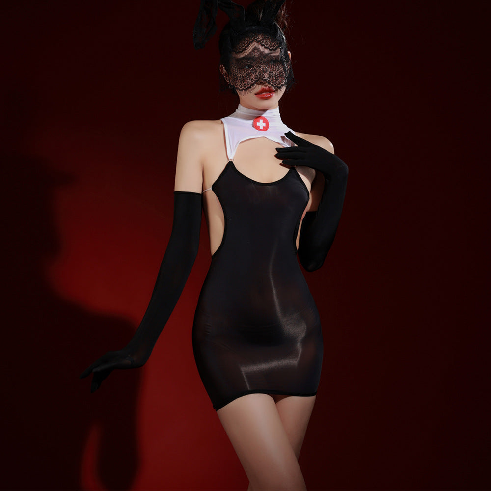 Ultra-thin shiny high collar hip skirt